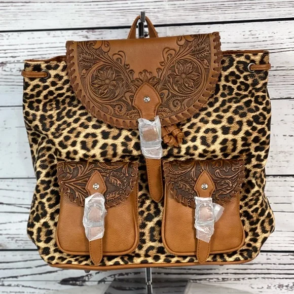 Montana West Tooled PU Leather Blue Leopard print Backpack Western Bag MW1173-9110 Montana West Tooled Collection Backpack - Blue  main image 3